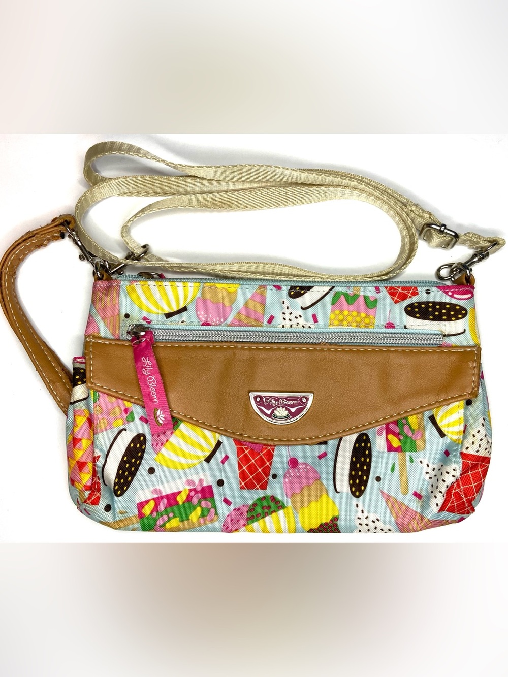 Cath Kidston Ice Cream Print Crossbody Bag in Light Blue, Tan and Pink